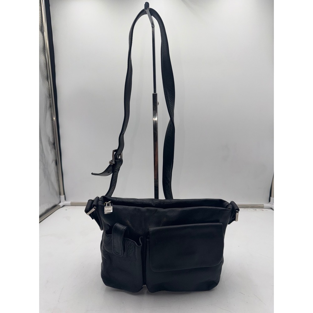 Perlina New York Black Lambskin Leather Multi Pocket Crossbody Messenger Bag